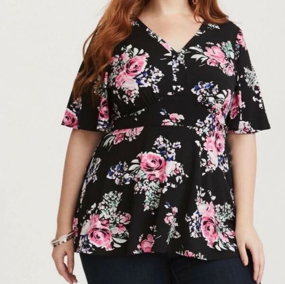 Torrid Black Floral Jersey Knit Peplum Top - Picture 1 of 4
